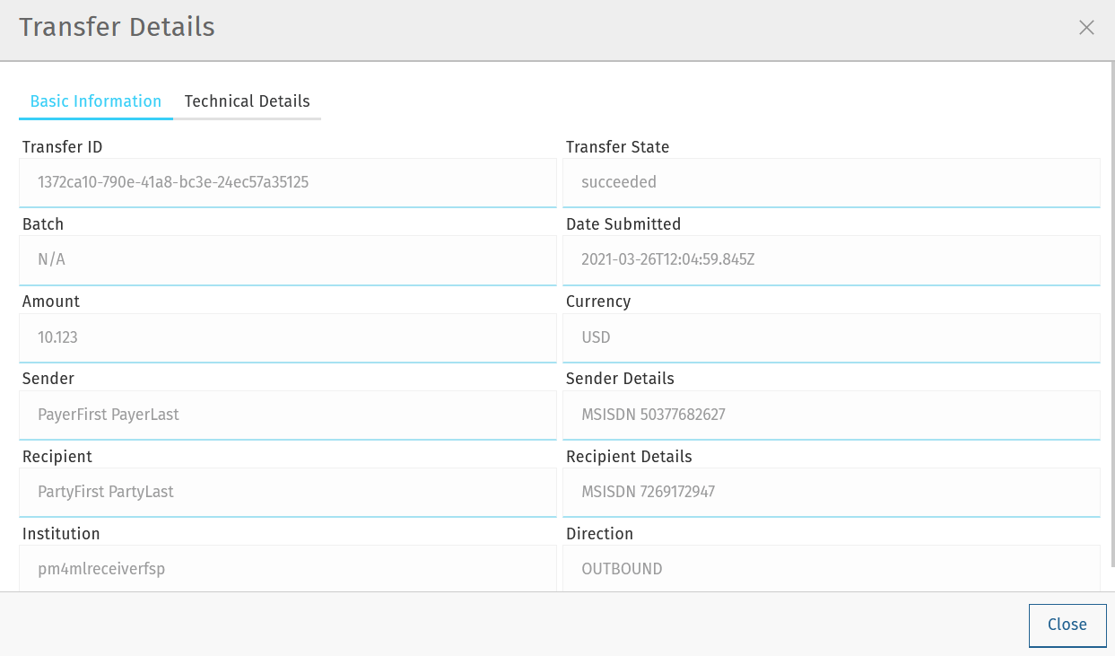 transfer details basic info success