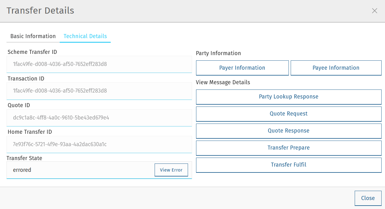 transfer details technical details error